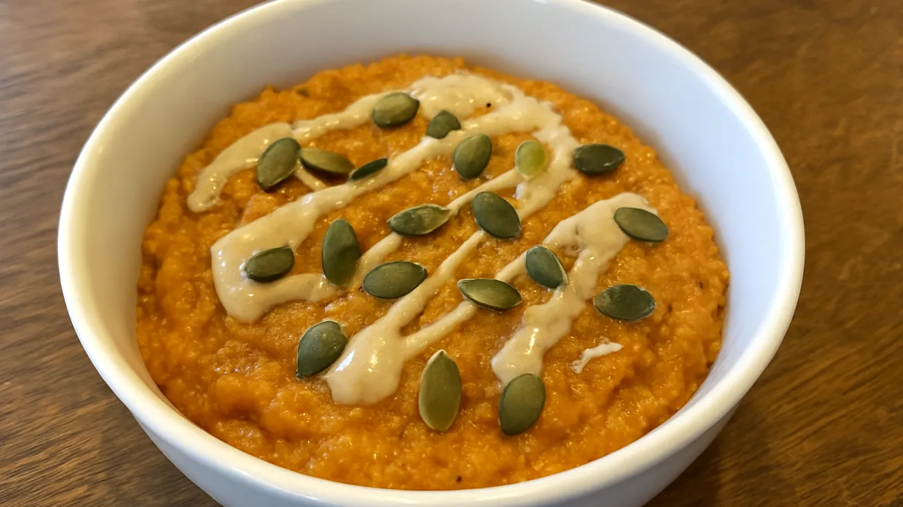 Amaranth-Süßkartoffel-Brei mit Tahini und Kürbiskernen"