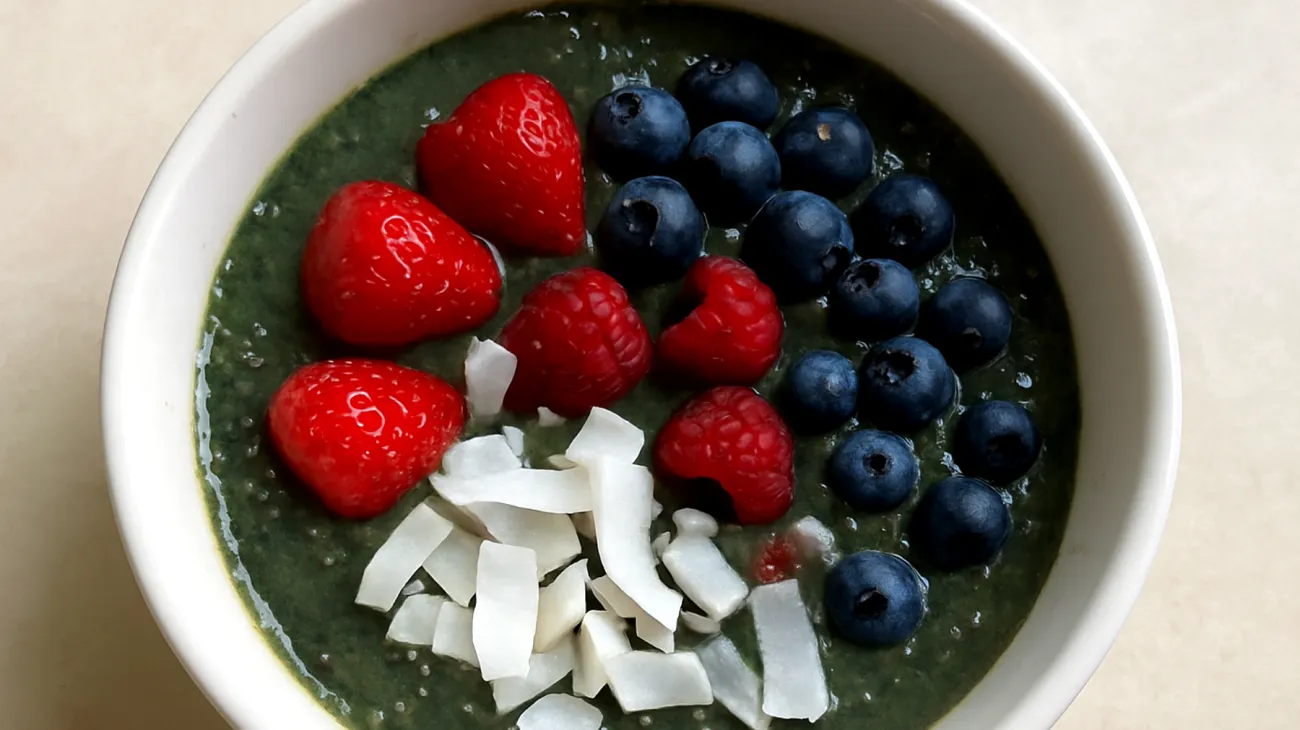 Chlorella-Spirulina Smoothie Bowl mit Kokoswasser und Chiasamen"