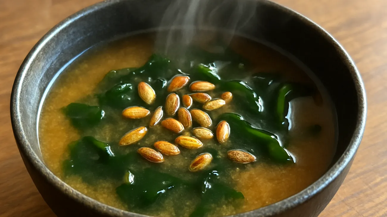 Miso-Suppe mit Wakame-Algen und gerösteten Kürbiskernen"