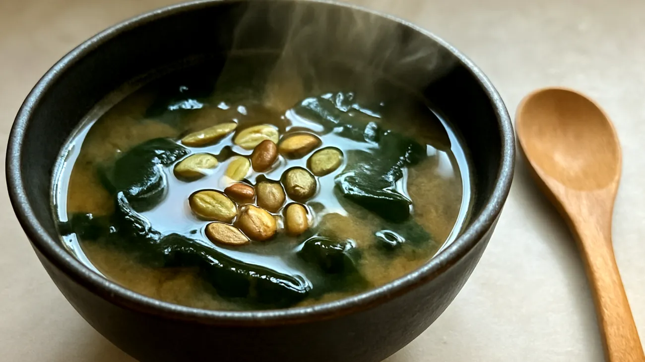 Miso-Suppe mit Wakame-Algen und gerösteten Kürbiskernen"