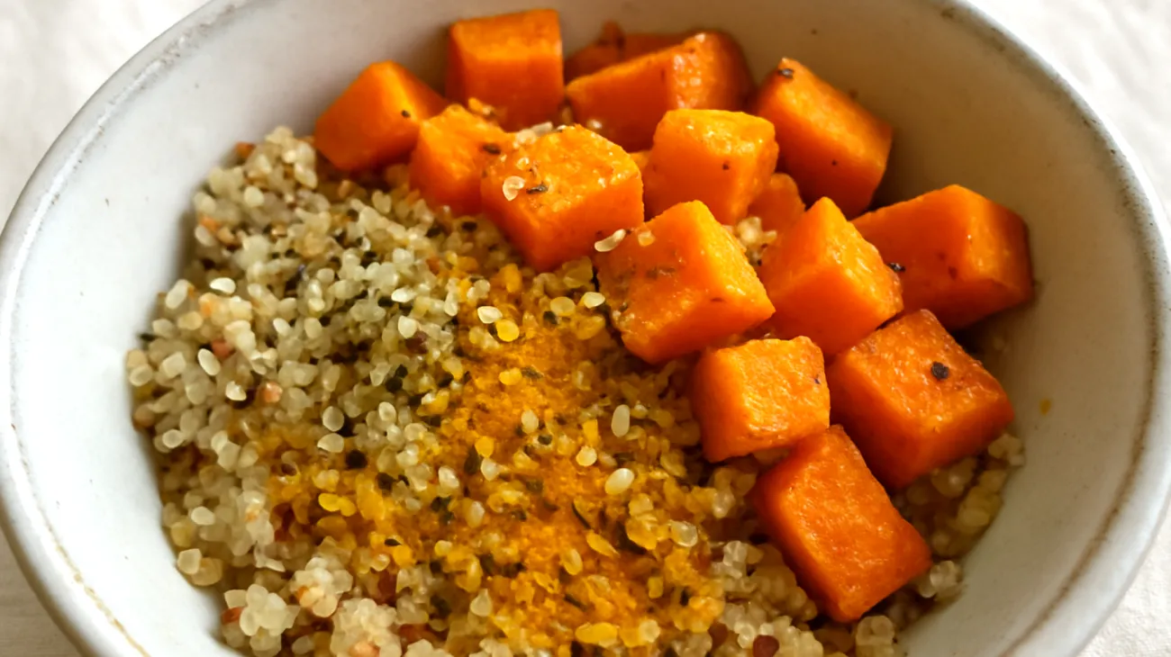 Quinoa-Süßkartoffel-Bowl mit Hanfsamen und Kurkuma"