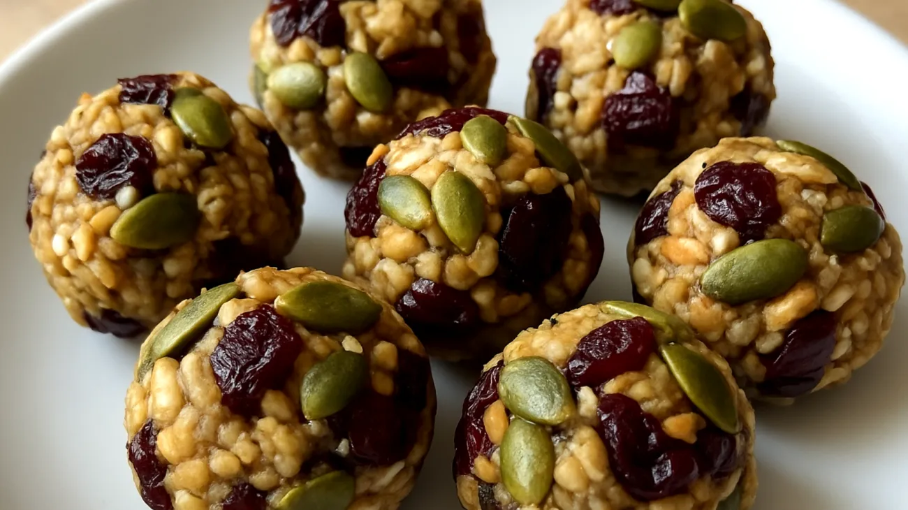 Tempeh-Energiebällchen mit Kürbiskernen und Cranberries"