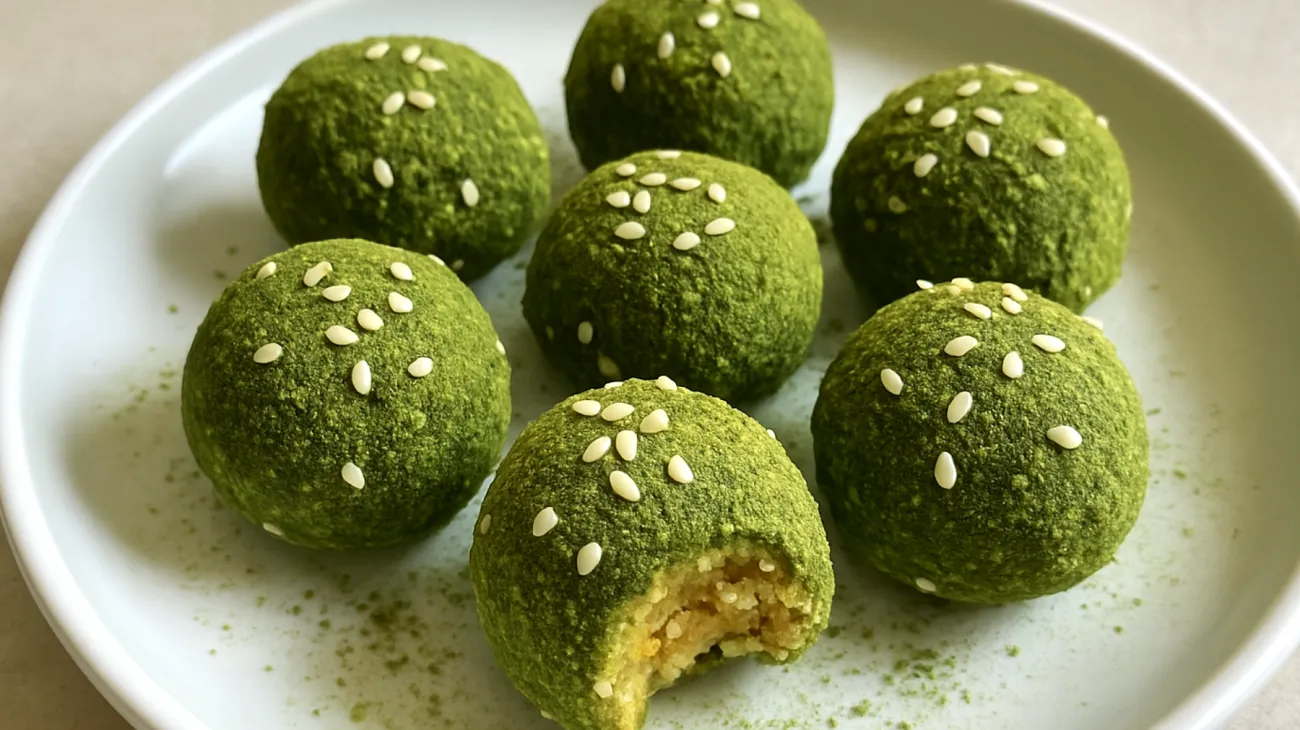 Kichererbsen-Kokos-Energiebällchen mit Matcha und Sesam"